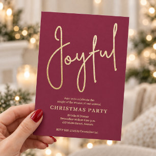 JOYFUL Gold Faux Foil on Cranberry Christmas Party Invitation