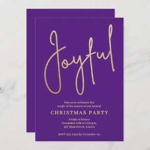 JOYFUL Gold Faux Foil on Purple Christmas Party Invitation