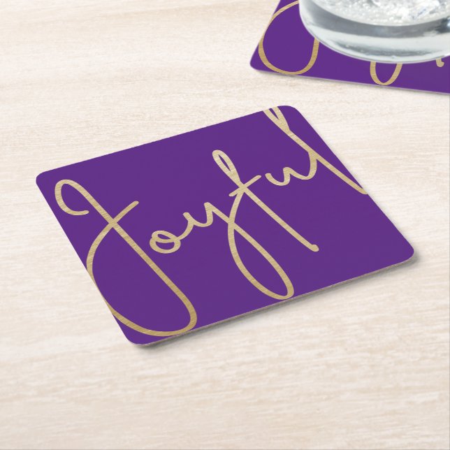 JOYFUL Gold Faux Foil on Purple Square Paper Coaster (Angled)