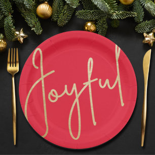 JOYFUL Gold Faux Foil Red Christmas Paper Plate