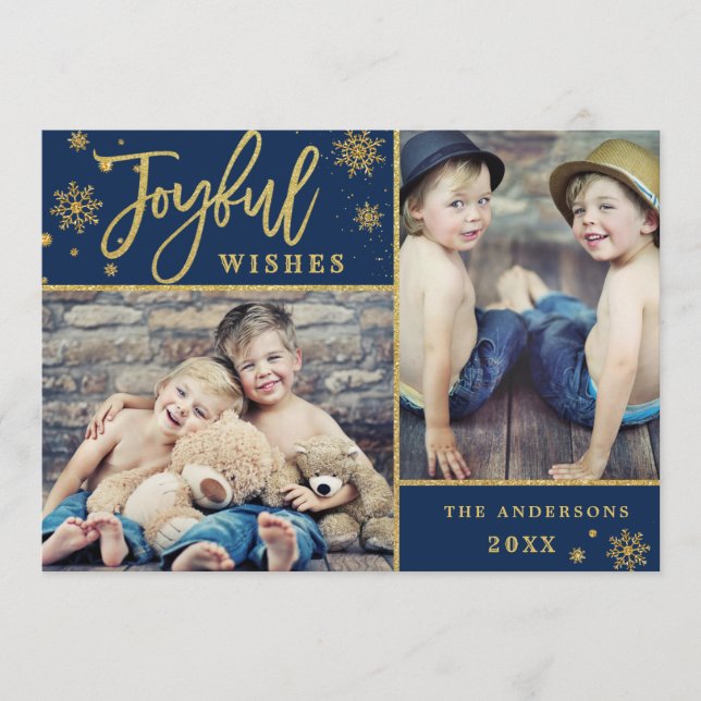 Joyful Gold Frame Christmas 2 PHOTO Greeting Holiday Card (Front)