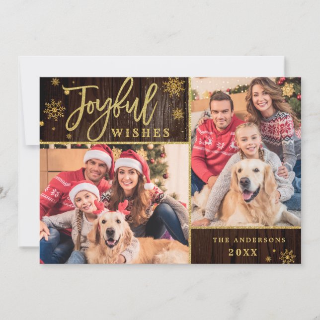 Joyful Gold Frame Modern Script 2 PHOTO Greeting Holiday Card (Front)