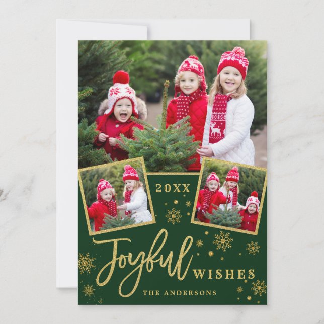 Joyful Gold Frame Modern Script 3 PHOTO Greeting Holiday Card (Front)