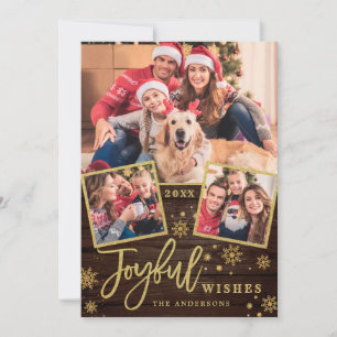 Joyful Gold Frame Modern Script 3 PHOTO Greeting Holiday Card
