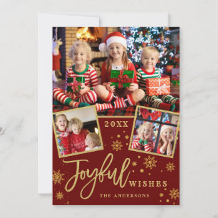 Joyful Gold Frame Modern Script 3 PHOTO Greeting Holiday Card