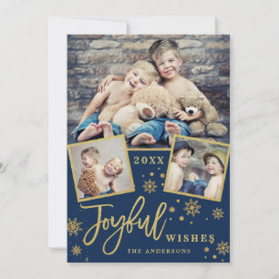 Joyful Gold Frame Modern Script 3 PHOTO Greeting Holiday Card