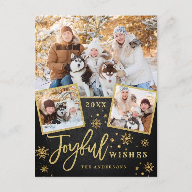 Joyful Gold Frame Modern Script 3 PHOTO Greeting Postcard (Front)