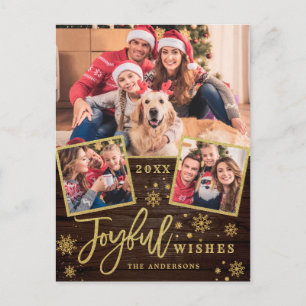 Joyful Gold Frame Modern Script 3 PHOTO Greeting Postcard