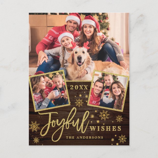 Joyful Gold Frame Modern Script 3 PHOTO Greeting Postcard (Front)