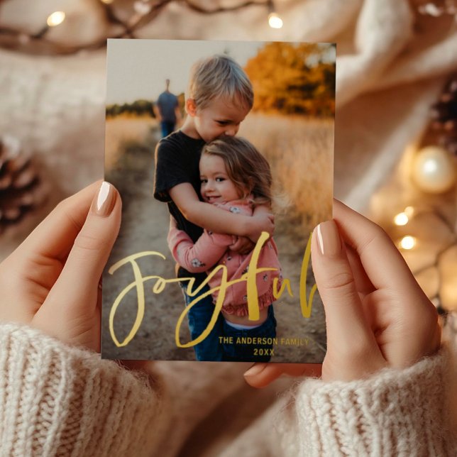 Joyful Gold Script Foil Photo Christmas Foil Holid Holiday Postcard (Creator Uploaded)