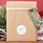 Joyful Gold Script Merry Christmas White Classic Round Sticker<br><div class="desc">Joyful Gold Script Merry Christmas White. Easily personalise with your greeting and names. Joyful is in a modern playful set script in gold which can be changed to another colour if you so wish as can the dark green background.</div>