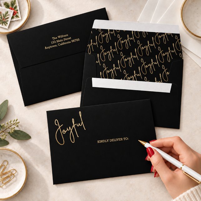 JOYFUL Gold Script on Black Christmas Envelope (JOYFUL in faux gold script on black Christmas envelopes with printed lining and FREE return address)