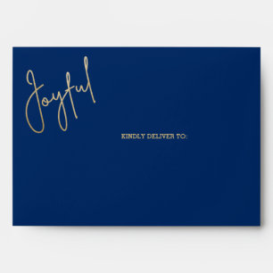 JOYFUL Gold Script on Blue Christmas Envelope