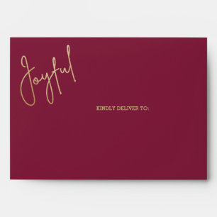 JOYFUL Gold Script on Cranberry Christmas Envelope