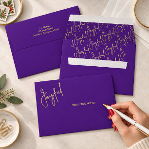 JOYFUL Gold Script on Purple Christmas Envelope
