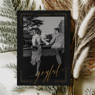 Joyful Golden Glitter Script Photo Christmas Card
