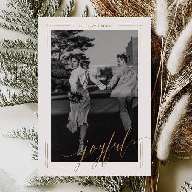 Joyful Golden Glitter Script Photo Christmas Card (Creator Uploaded)