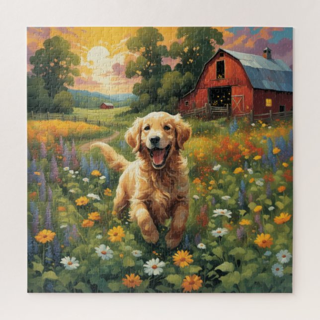 Joyful Golden Retriever frolicking on the ranch Jigsaw Puzzle (Vertical)