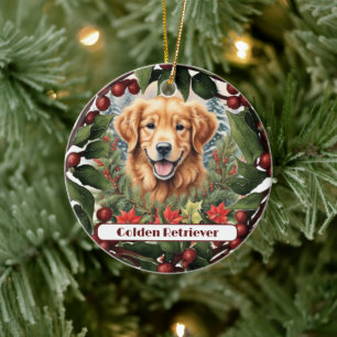 Joyful Golden Retriever, Personalised Christmas Ceramic Tree Decoration