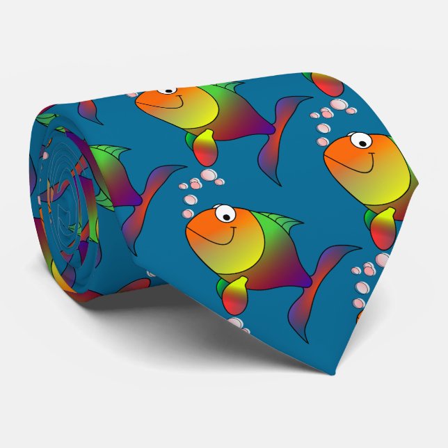 Joyful Goldfish in Sea Blue Water Tie (Rolled)