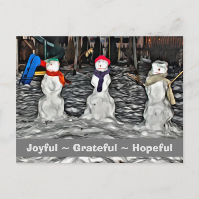 Joyful-Grateful-Hopeful Snow People Holiday Postcard (Front)