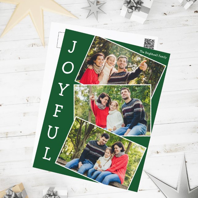 Joyful Green 3 Family Photo Collage Christmas Holiday Postcard (Creator Uploaded)