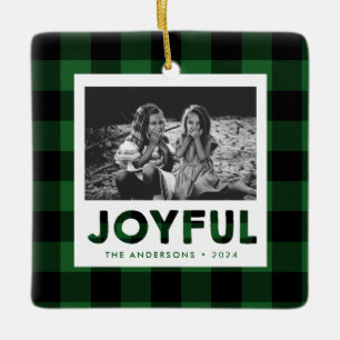 Joyful Green Buffalo Plaid Photo Holiday Ornament