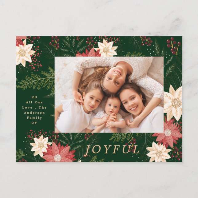 Joyful Green Elegant Christmas Poinsettia Holiday Postcard (Front)