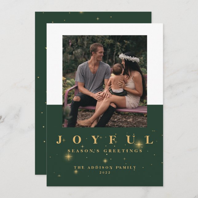 Joyful Green & Gold Three Picture Christmas   Holiday Card (Front/Back)