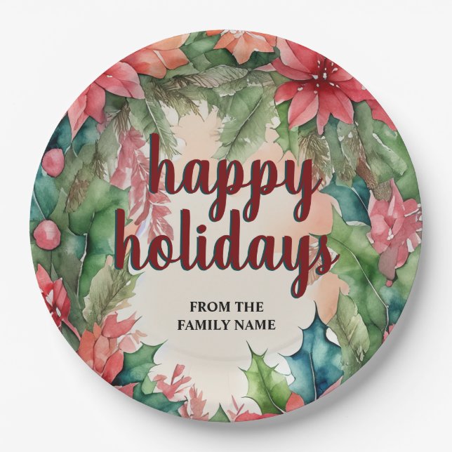 Joyful Green Wreath & Red Poinsettia Holiday Paper Plate (Front)