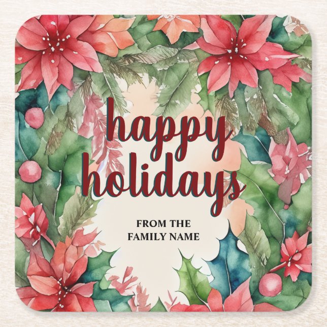 Joyful Green Wreath & Red Poinsettia Holiday Square Paper Coaster (Front)