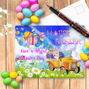 Joyful Happy Bunny Delivering Colourful Easter Egg Postcard