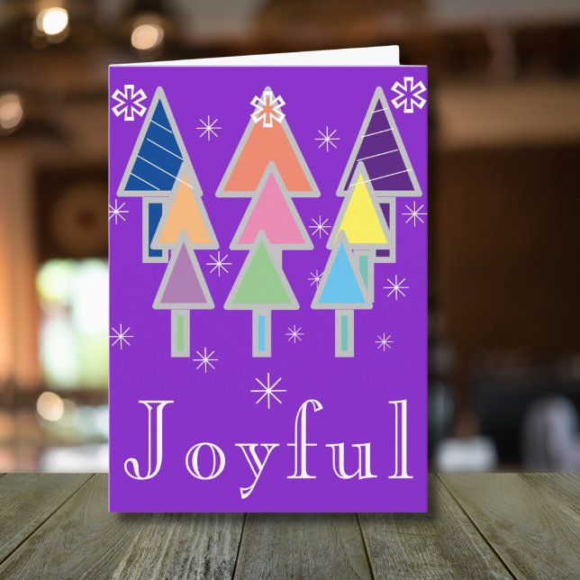 Joyful Holiday Chic Script Fun Purple Christmas Card ('Joyful' purple holiday card with modern abstract art Christmas trees.)