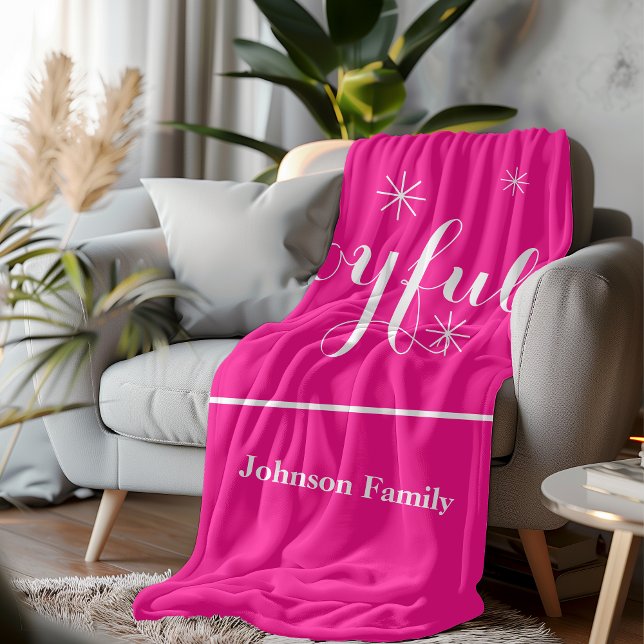 Joyful Holiday Gift! Modern Script, Chic Hot Pink Fleece Blanket (Get comfy in a 'Joyful' hot pink fleece blanket over the holidays.)