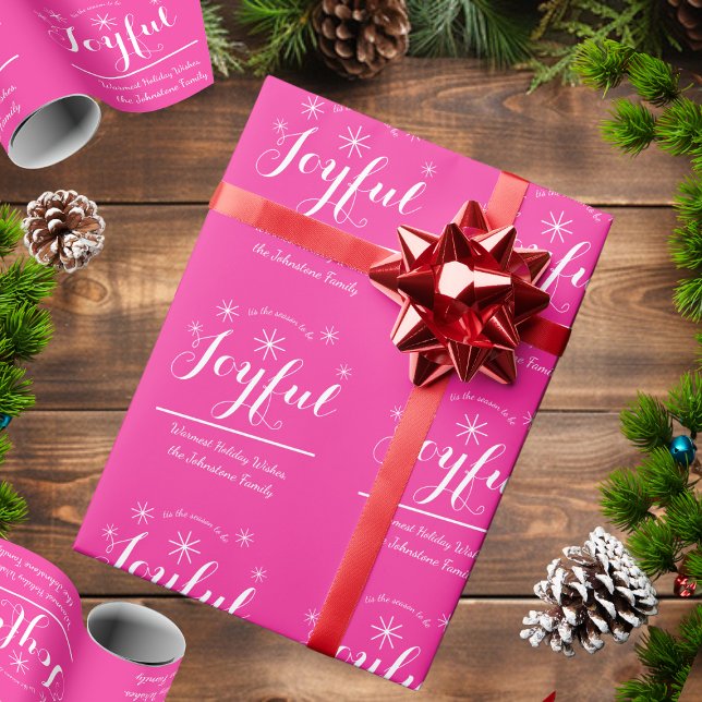 Joyful Holiday Script Chic Hot Pink Christmas Gift Wrapping Paper (Wrap things up with this Joyful, rustic & elegant pink gift wrapping paper.)