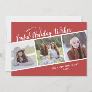 Joyful Holiday Wishes   3 Photo Christmas Card