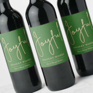 JOYFUL Holiday Wishes Gold Faux Foil Green Wine Label