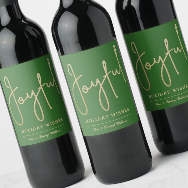 JOYFUL Holiday Wishes Gold Faux Foil Green Wine Label (Creator Uploaded)