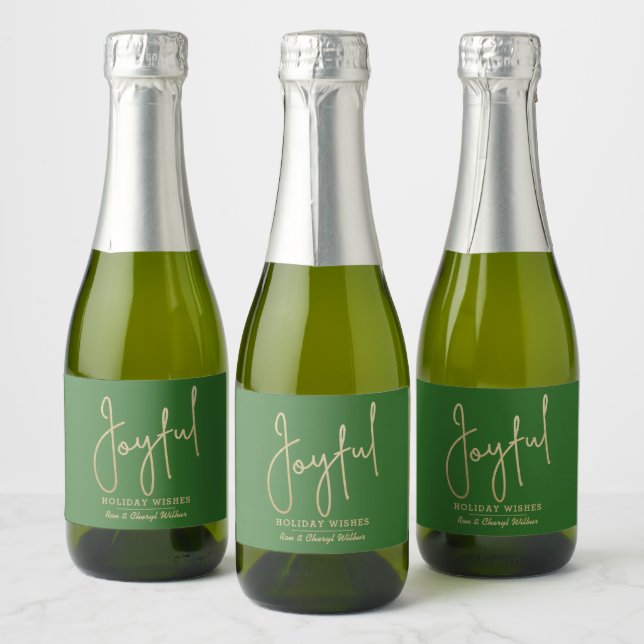 JOYFUL Holiday Wishes Gold on Green Sparkling Wine Label (Bottles)