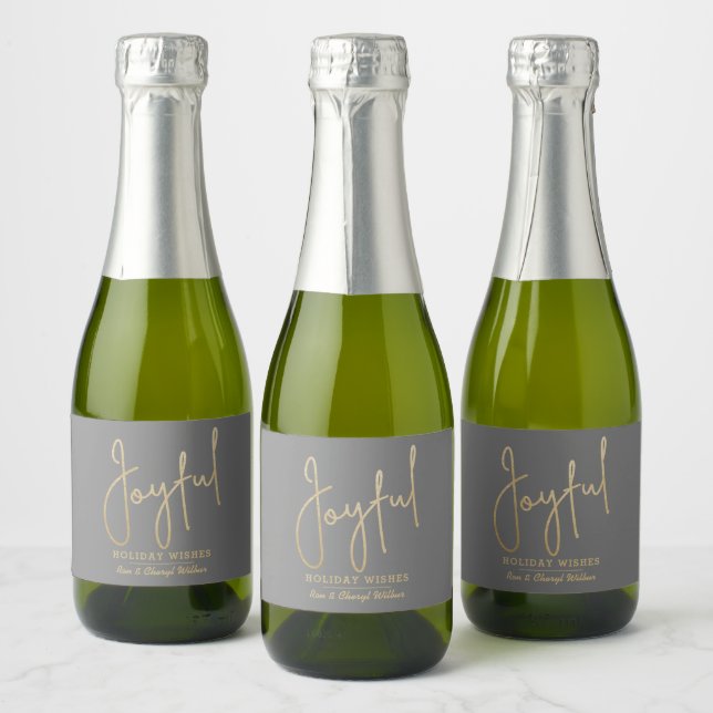 JOYFUL Holiday Wishes Gold on Grey Sparkling Wine Label (Bottles)