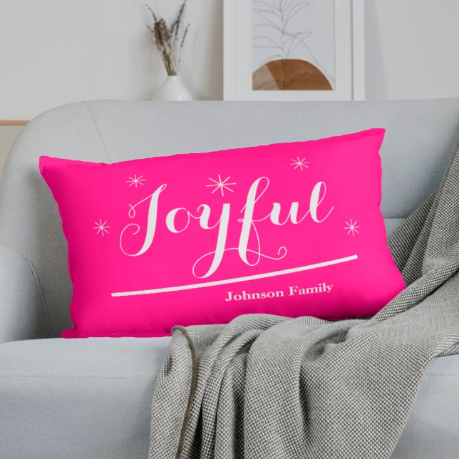 Joyful Holidays Script Family Name Chic Hot Pink   Lumbar Cushion (Infuse your holidays with a Joyful spirit. These hot pink lumbar pillows can really do the trick.)