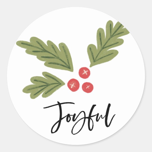 Joyful Holly Berry Modern Bold Holiday White Photo Classic Round Sticker (Front)