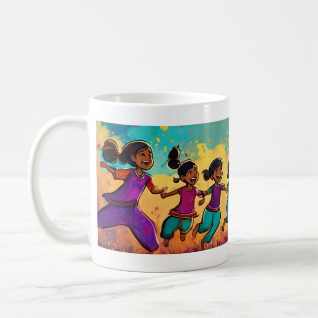 Joyful Indian Children: Hand-Drawn Mug Design (Left)