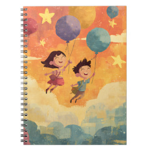 Joyful Kids Floating with Balloons and Stars Art Notebook
