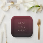 Joyful Maroon Minimalist Wedding Plates<br><div class="desc">This elegant wedding plate features a gradient background transitioning from deep maroon to darker shades, creating a sophisticated and warm ambiance. The design includes the phrase "BEST DAY ever" in a mix of bold uppercase and delicate cursive typography, conveying a celebratory mood. With its minimalist layout and soft cream text...</div>