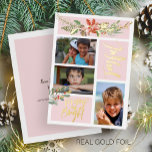 Joyful Merry and Bright Christmas photo blush gold<br><div class="desc">Modern trendy blush pink 3 photo collage luxury gold foil holiday card featuring a Christmas seasonal watercolor flowers bouquet with a red brick terracotta poinsettia flower, a pinecone, sage hunter green fir boughs, red berries, and foliage with "Joyful" "Merry and Bright" trendy calligraphy hand-lettered script. Personalise it with three of...</div>