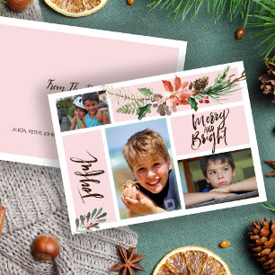 Joyful Merry and Bright photo collage blush floral Holiday Card