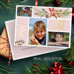 Joyful Merry and Bright photo collage gold blush<br><div class="desc">Modern trendy boho blush pink photo collage luxury gold foil holiday card featuring a Christmas seasonal watercolor floral bouquet with a red brick terracotta poinsettia flower, a pinecone, sage hunter green fir boughs and foliage with "Joyful" "Merry and Bright" hand lettered typography script. Personalise it with 3 of your photos...</div>