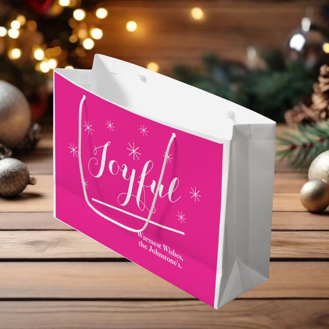 Joyful Merry Christmas Modern Custom Name Chic Large Gift Bag (These hot pink "Joyful" gift bags can add a dash of extra excitement to gift giving)