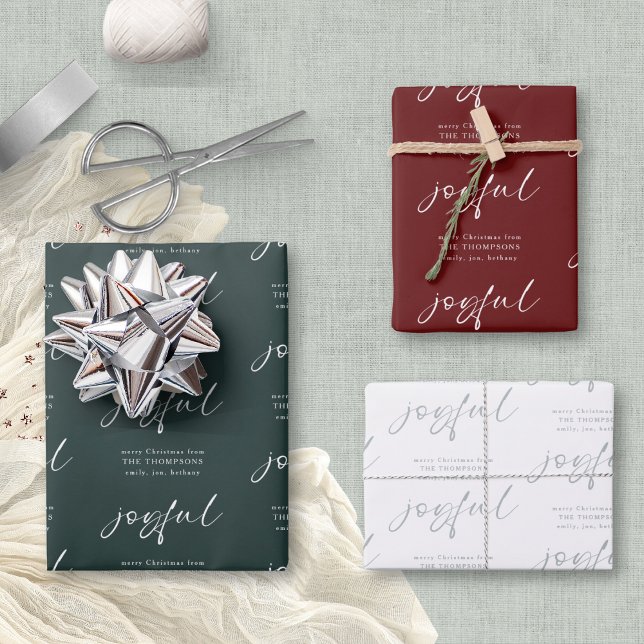 Joyful Merry Christmas Name Green Burgundy White Wrapping Paper Sheet (3 colorways - background colors can be changed if you wish)
